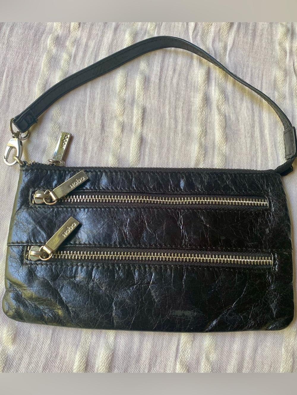 HOBO Black Leather Wristlet with Gold Zippers